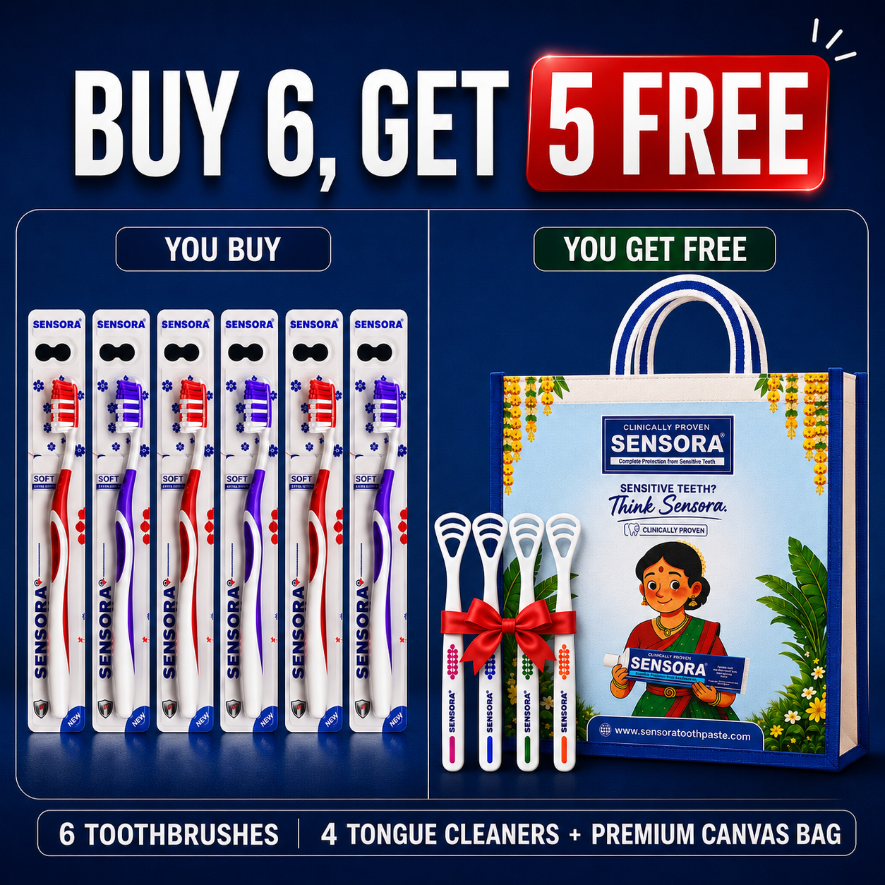 Buy 6 Get 4 Free - Buy 6 Soft Bristles Toothbrushes Get 4 Tongue Cleaner FREE