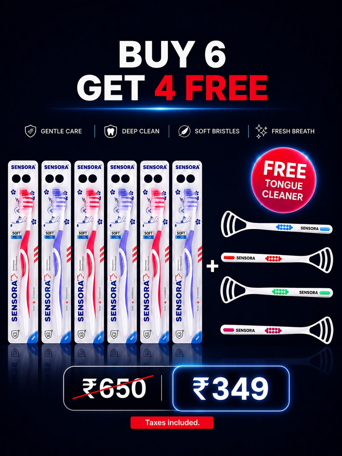 Buy 6 Get 4 Free - Buy 6 Soft Bristles Toothbrushes Get 4 Tongue Cleaner FREE