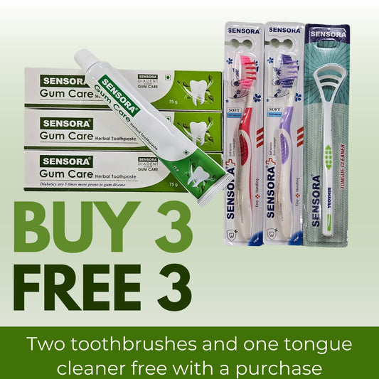 25% offer on SENSORA Gum Care Toothpaste - Pack of 3 --- 2 Super soft toothbrushes and 1 tongue cleaner