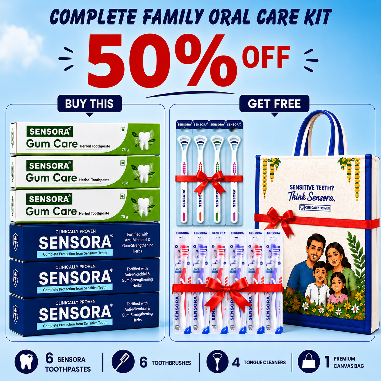 BEST SELLER. Sensora Combo Pack. 3 SENSORA, 3 SENSORA GUMCARE, FREE GET 6 BRUSHES, 4 TONGUE CLEANERS