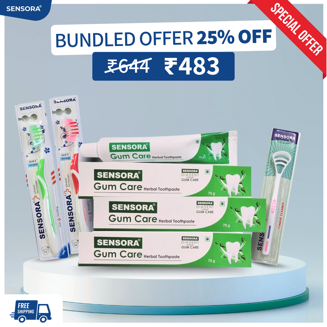 25% offer on SENSORA Gum Care Toothpaste - Pack of 3 --- 2 Super soft toothbrushes and 1 tongue cleaner