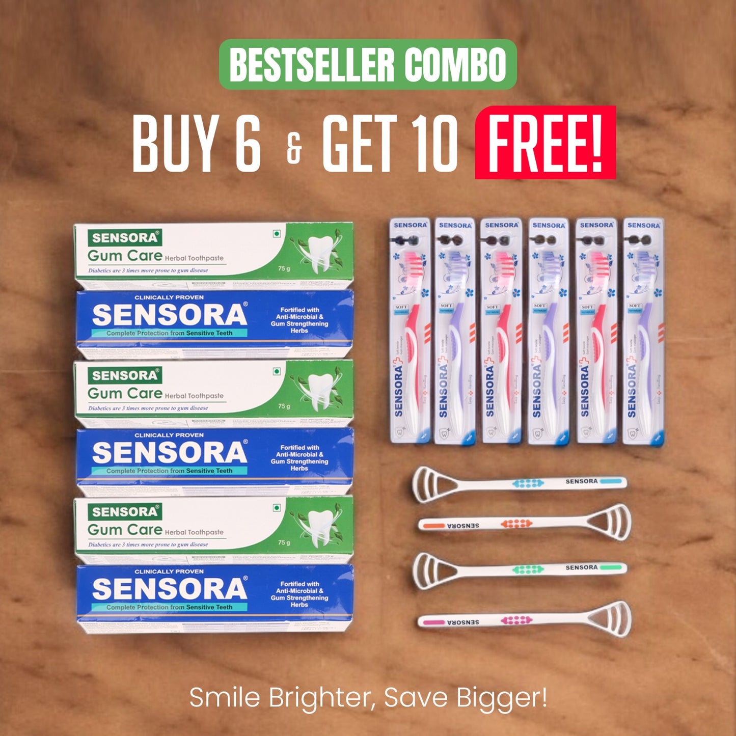 BEST SELLER. Sensora Combo Pack. 3 SENSORA, 3 SENSORA GUMCARE, FREE GET 6 BRUSHES, 4 TONGUE CLEANERS