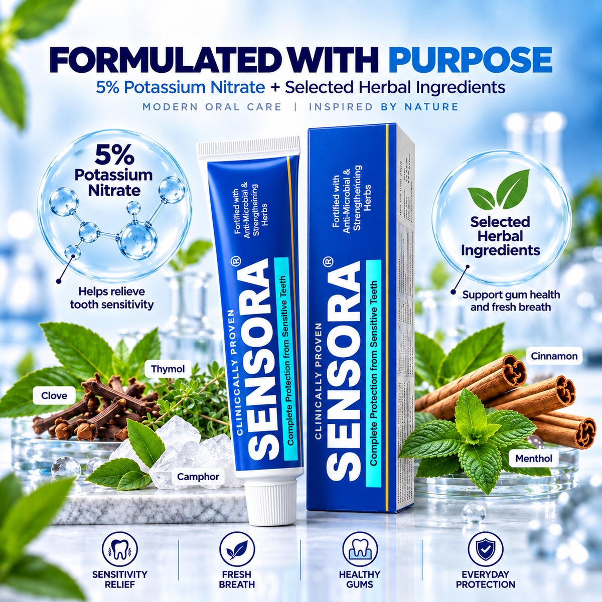 Sensora formulated with purpose with 5% Potassium Nitrate and selected herbal ingredients