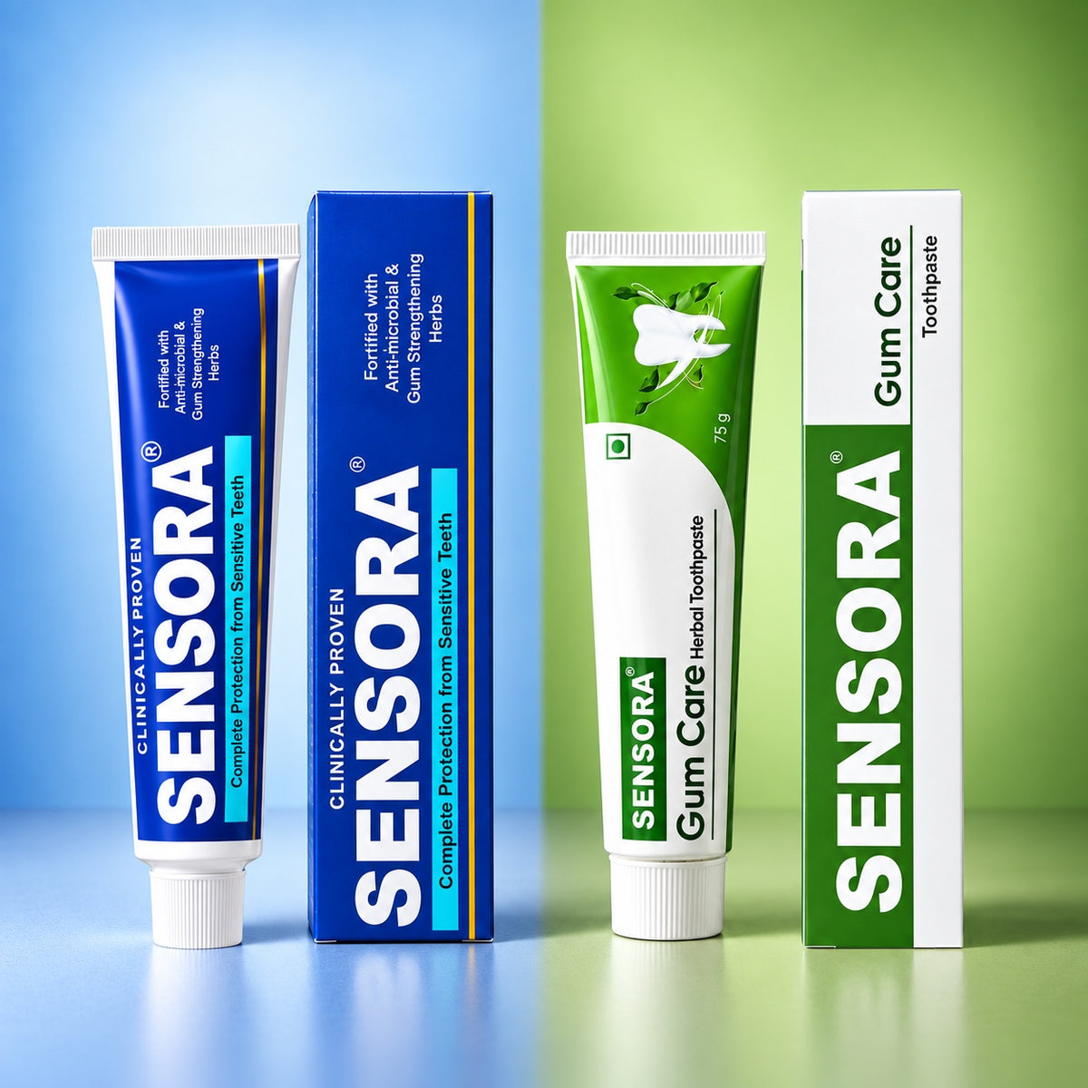 SENSORA Sensitive and SENSORA Gum Care original product packs together