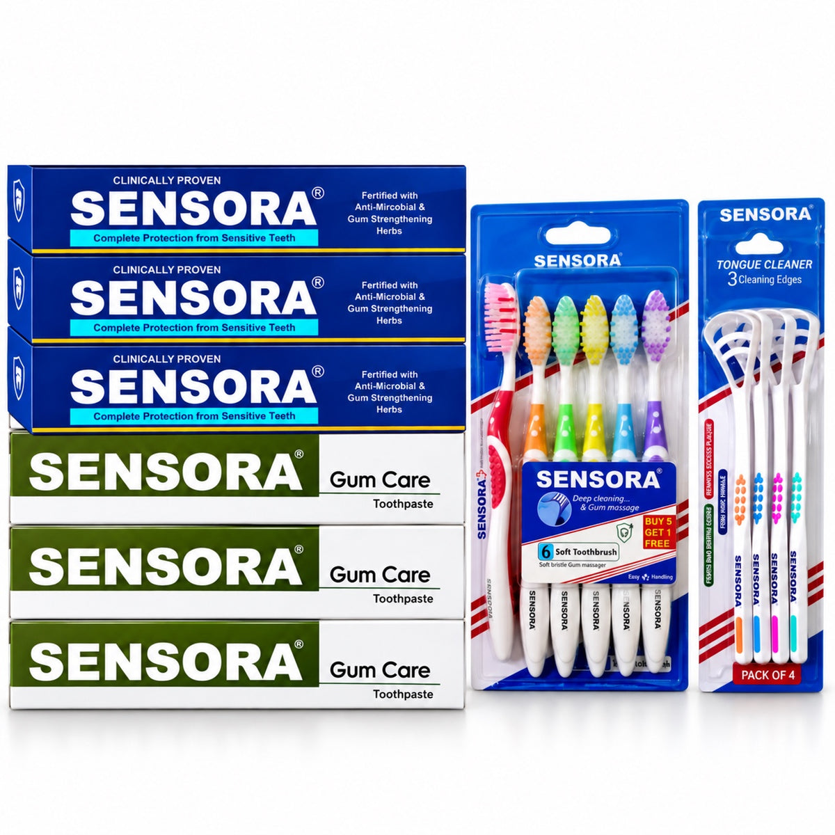 SENSORA combo pack with 3 Sensitive toothpastes, 3 Gumcare toothpastes, toothbrushes and tongue cleaners