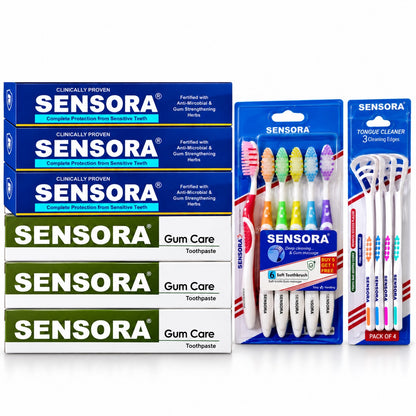 SENSORA combo pack with 3 Sensitive toothpastes, 3 Gumcare toothpastes, toothbrushes and tongue cleaners