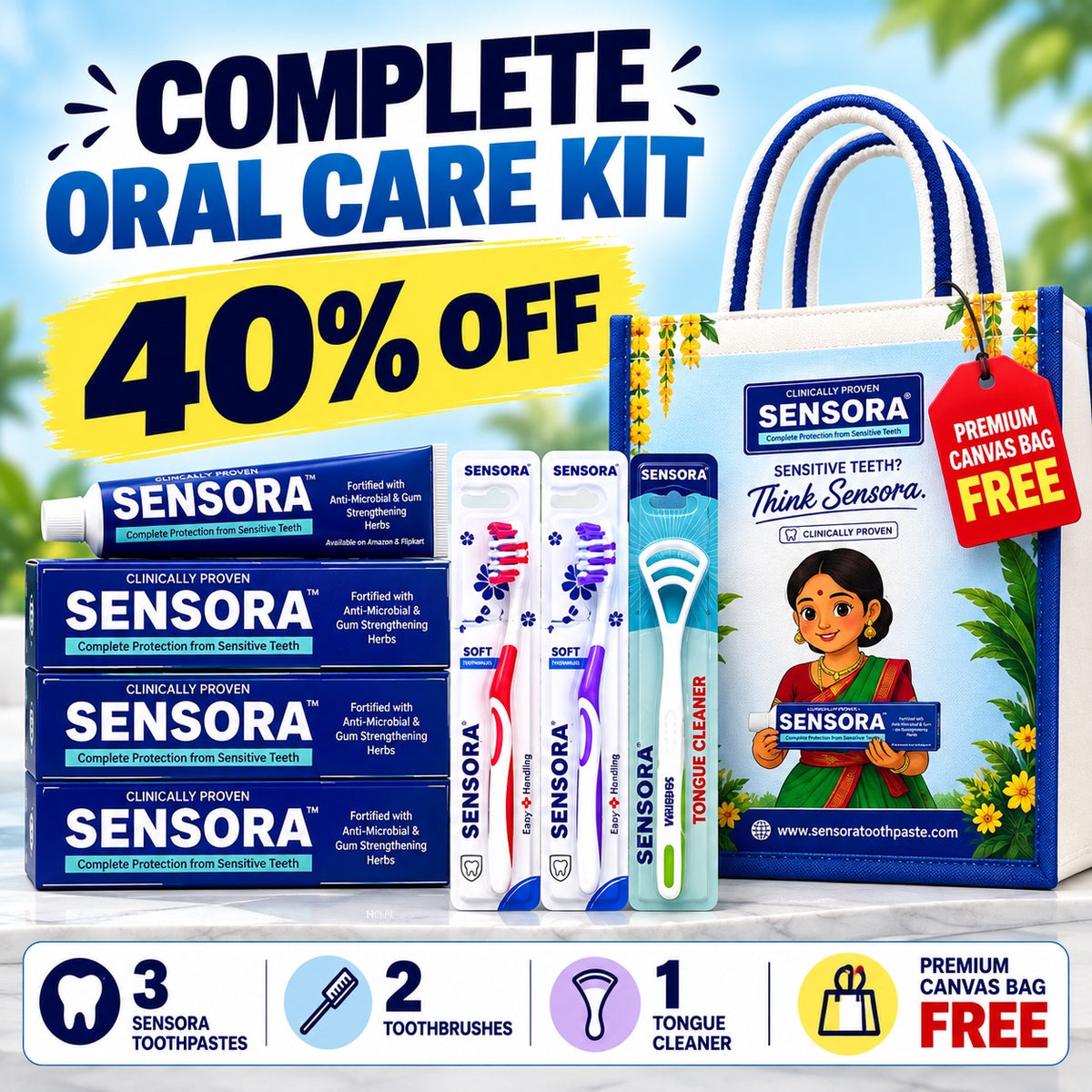 Sensora Pack of 3 with 3 toothpastes, 2 toothbrushes and 1 tongue cleaner