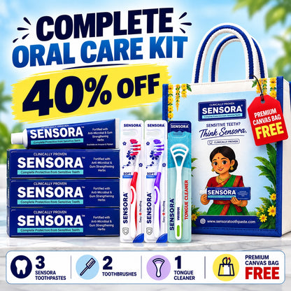 Sensora Pack of 3 with 3 toothpastes, 2 toothbrushes and 1 tongue cleaner