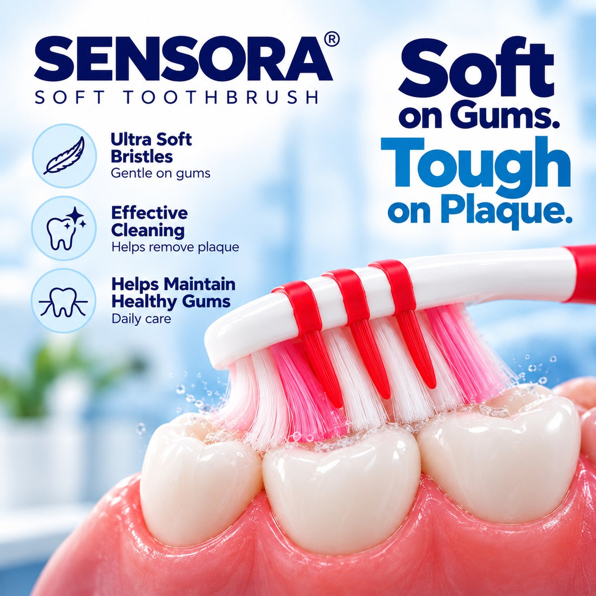 Sensora soft toothbrush - ultra soft bristles, plaque cleaning and gentle gum care